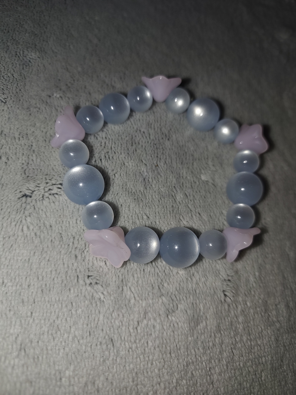 Blue Frosted Bead Stretch Bracelet with Pink Flower Accents - Handmade Jewelry